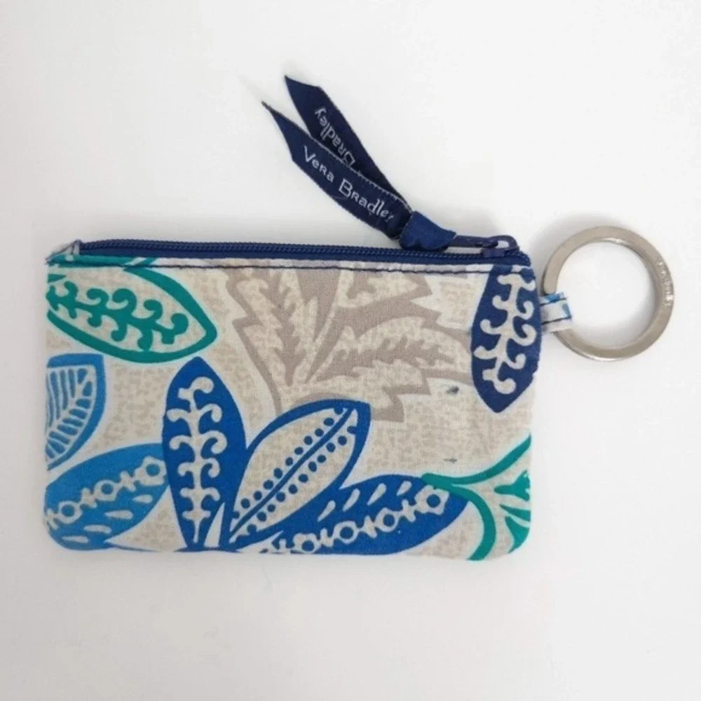Vera Bradley Blue Green Beige Leaves Santiago ID Card Holder / Coin Pouch Wallet